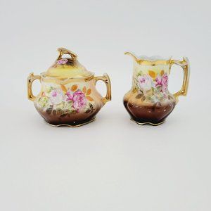 Rare Antique Oscar Schlegelmilch Creamer & Sugar Brown Yellow Floral 1904-14